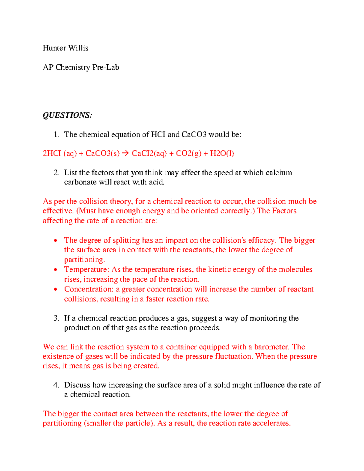 AP Chemistry PreLab Hunter Willis AP Chemistry PreLab QUESTIONS