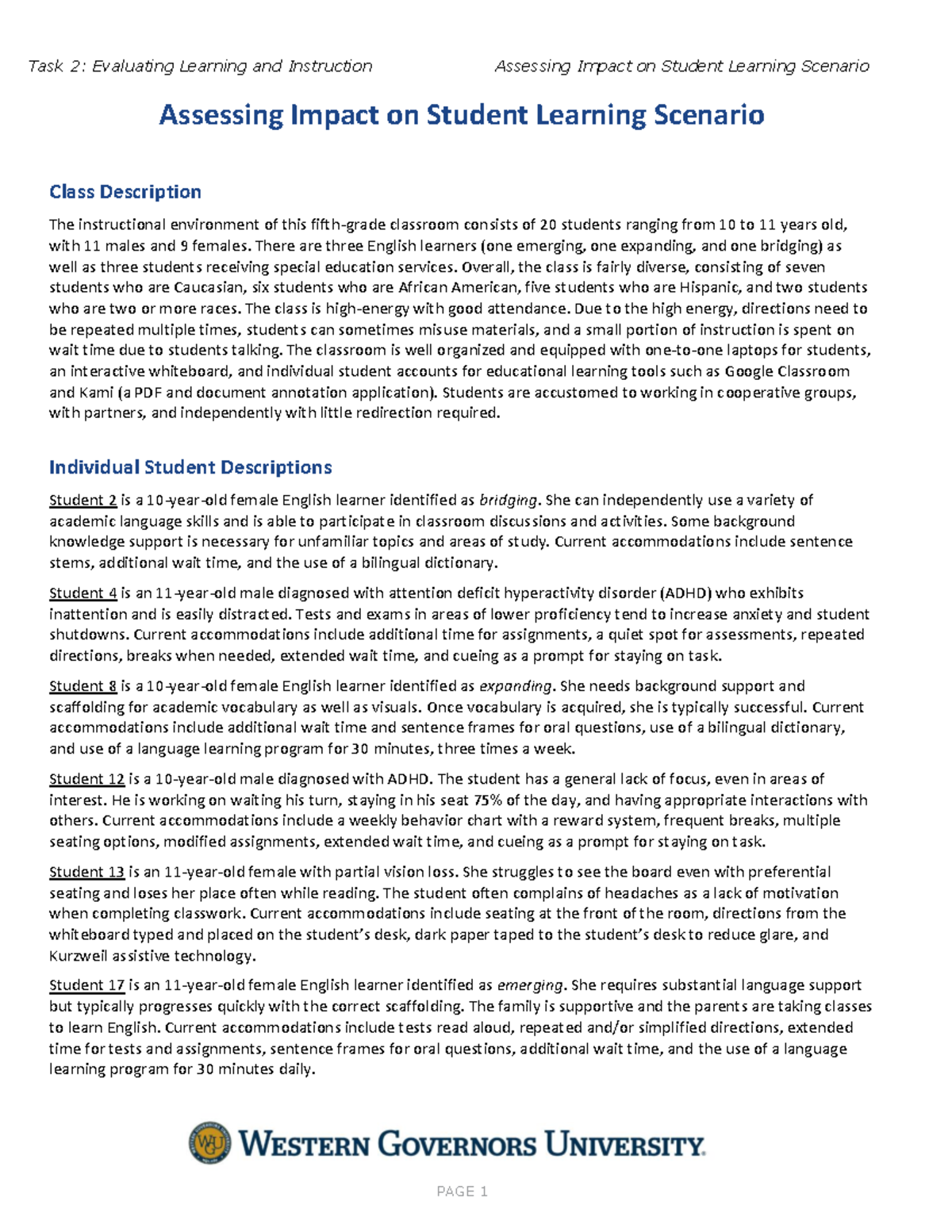 Assessing Impact on Student Learning Scenario - D093 - WGU - Studocu