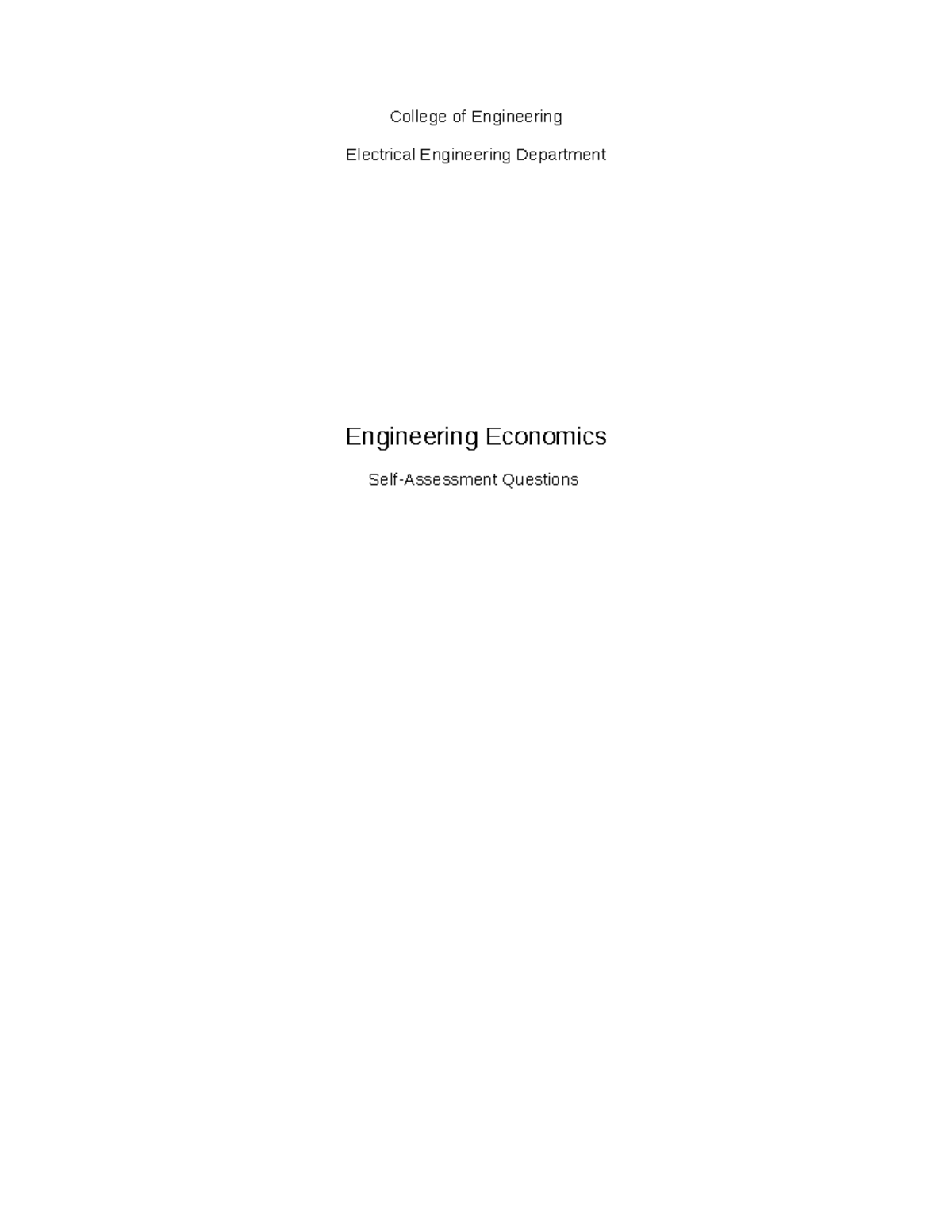 Assignment 5 Engineering Economics College Of Engineering Electrical Engineering Department Assignment 5 Engineering Economics College Of Engineering Electrical Engineering Department