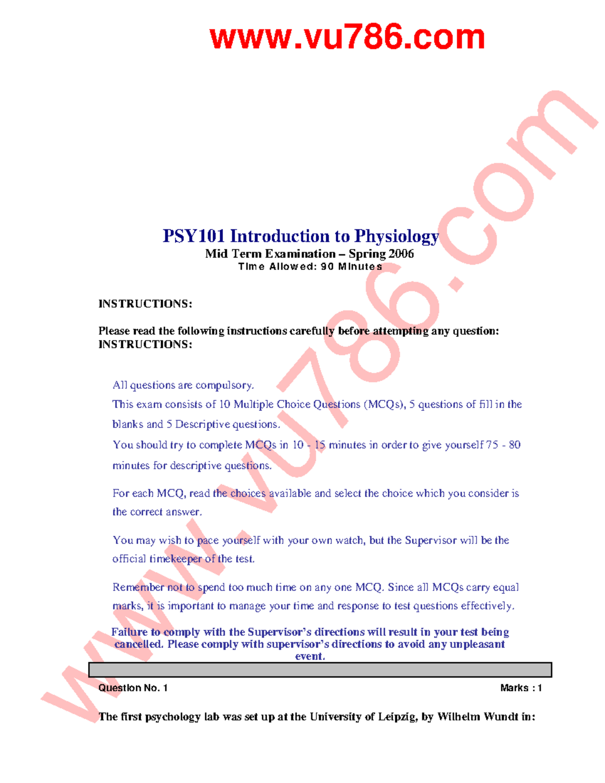 Psy101 Mid Term 1 Www - Ok To Read - Vu786 PSY101 Introduction To ...