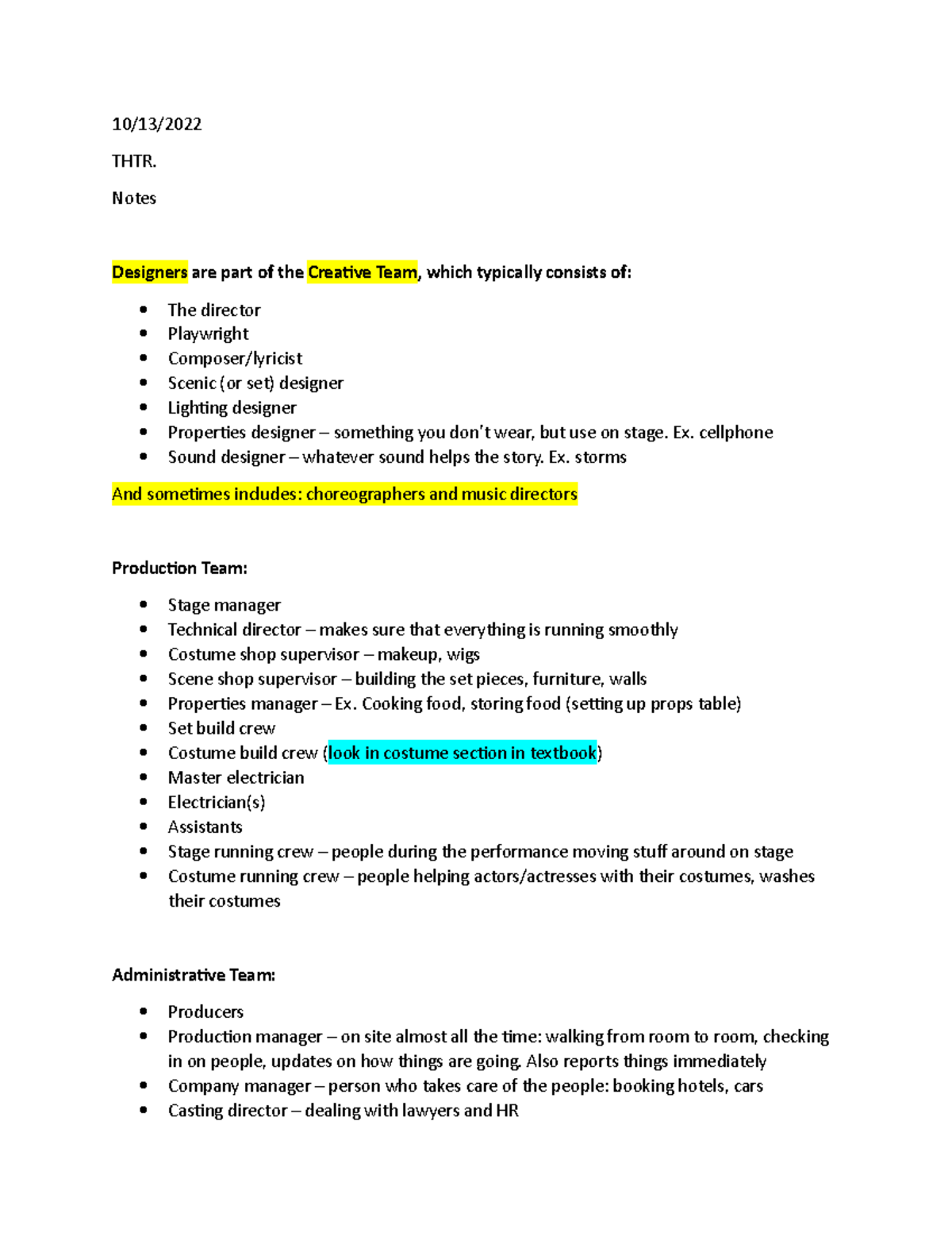 THTR. Notes 10 - 10/13/ THTR. Notes Designers are part of the Creative ...
