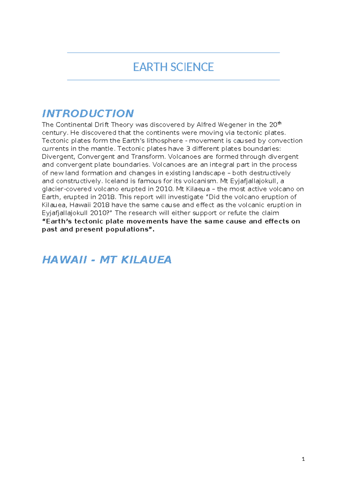 Earth Science Assignment - EARTH SCIENCE INTRODUCTION The Continental ...