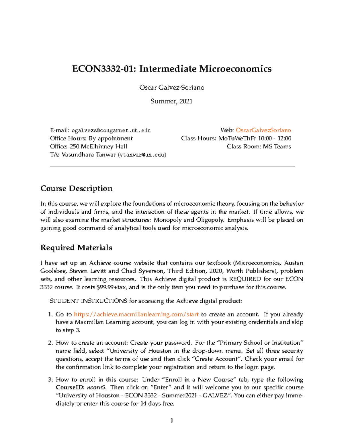 Syllabus Intermediate Micro - ECON3332-01: Intermediate Microeconomics ...