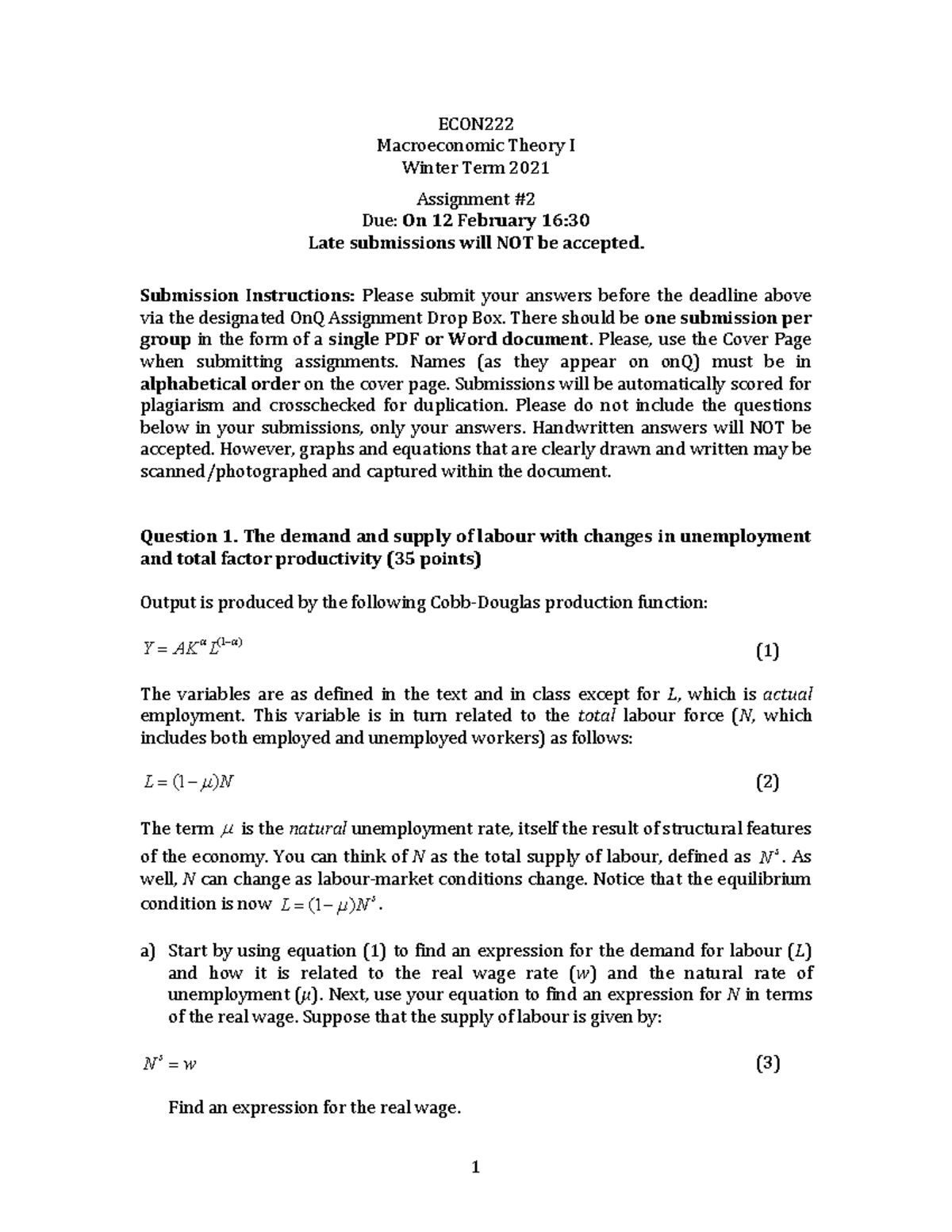 ECON 320 Assignment 2 - ECON Macroeconomic Theory I Winter Term 2021 ...