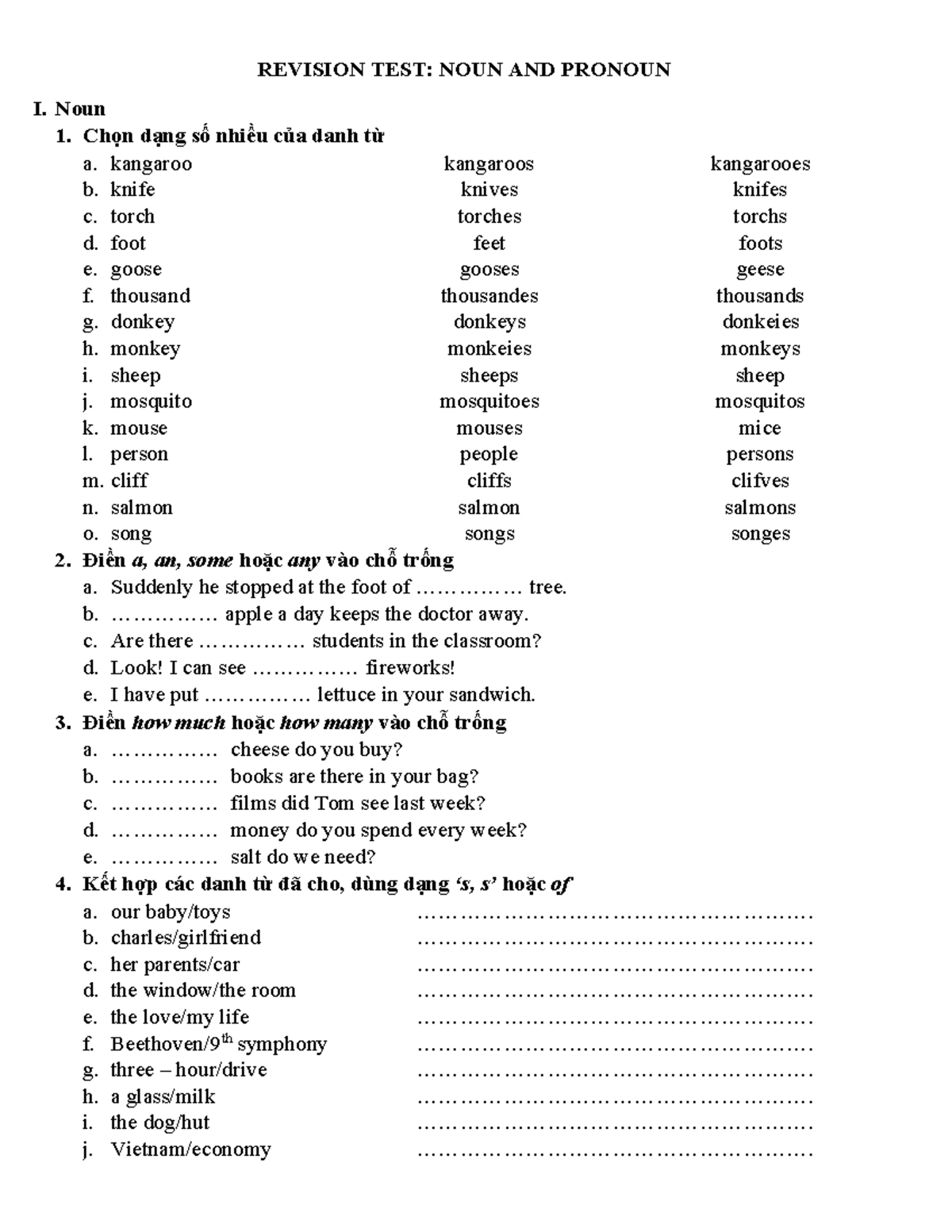 Revision TEST NOUN AND Pronoun REVISION TEST NOUN AND PRONOUN I
