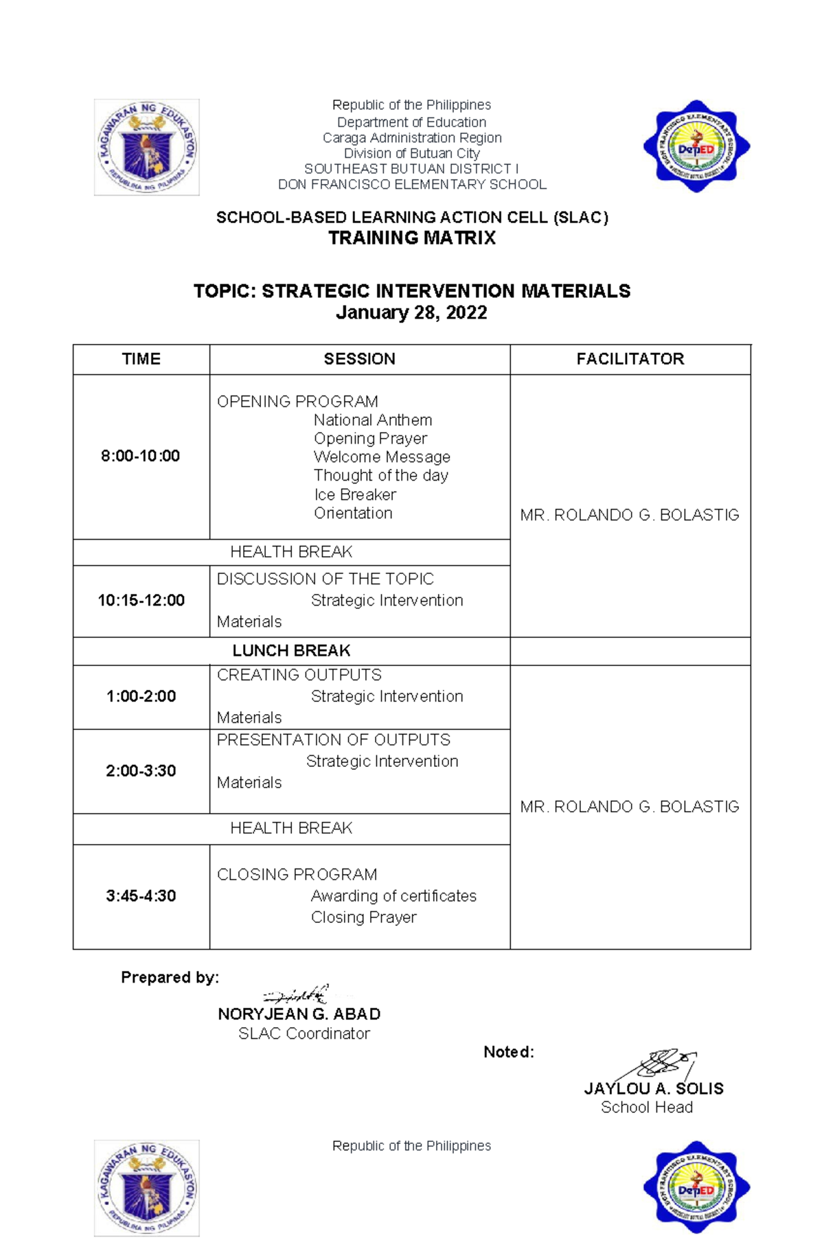 LAC Training Matrix - Republic of the Philippines Department of ...