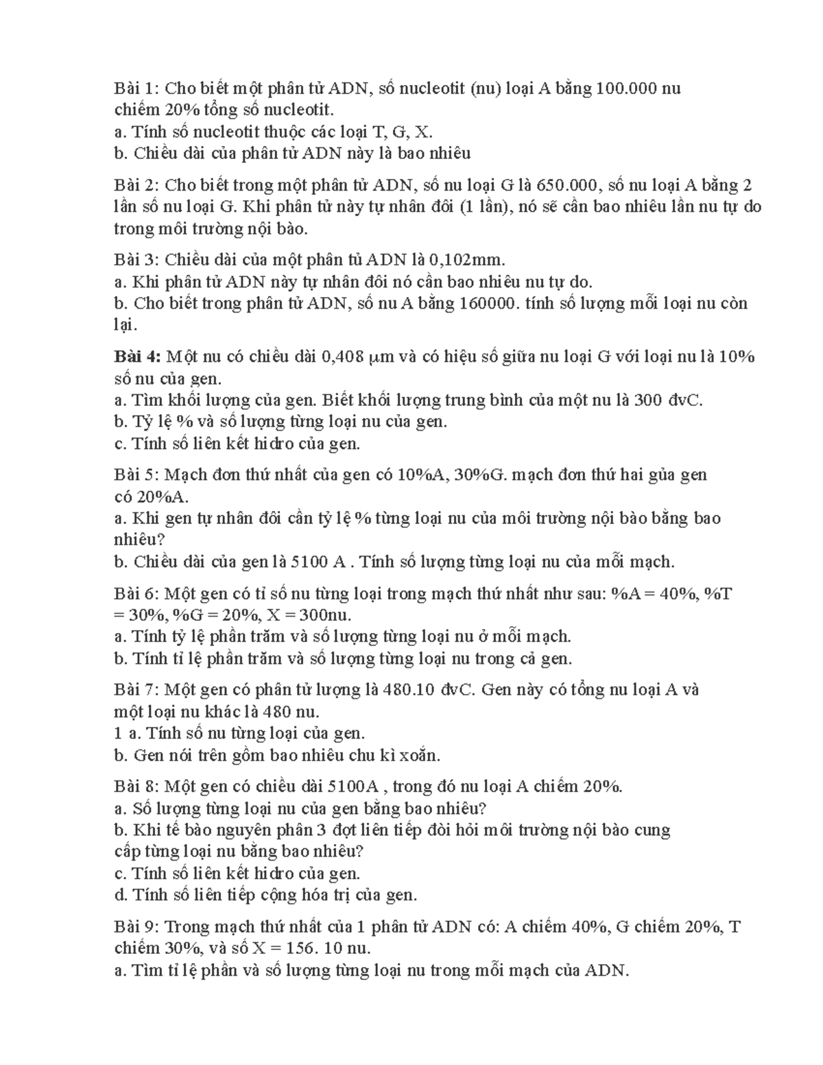 Bài tập ADN - ADN - Bài 1: Cho biết một phân tử ADN, số nucleotit (nu ...