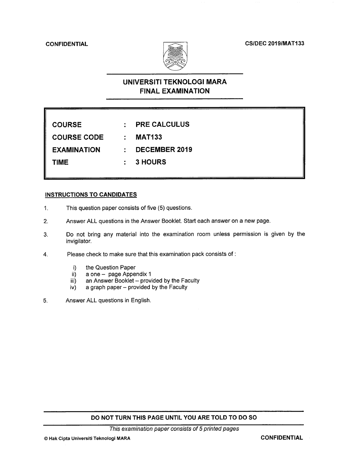 MAT133 Past Year 2019 - Past Year Paper - CONFIDENTIAL UNIVERSITI ...