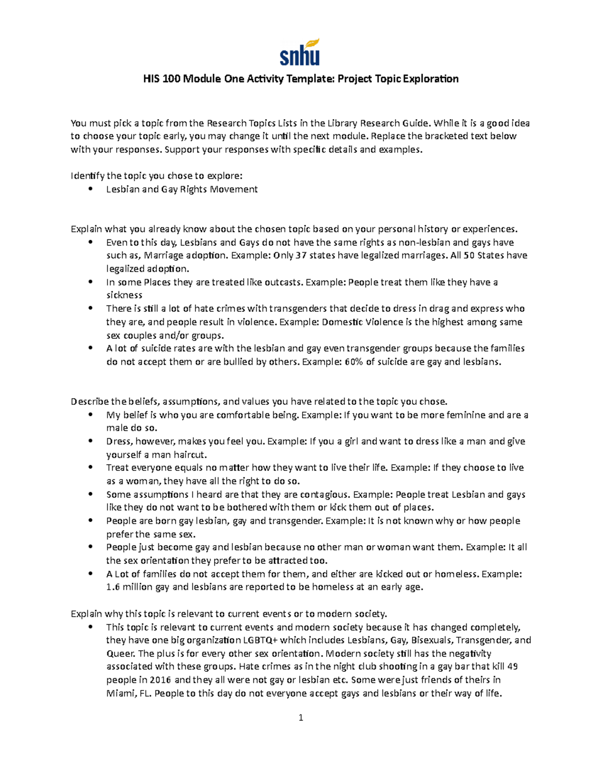 His 100 Assigment Michele b HIS 100 Module One Activity Template