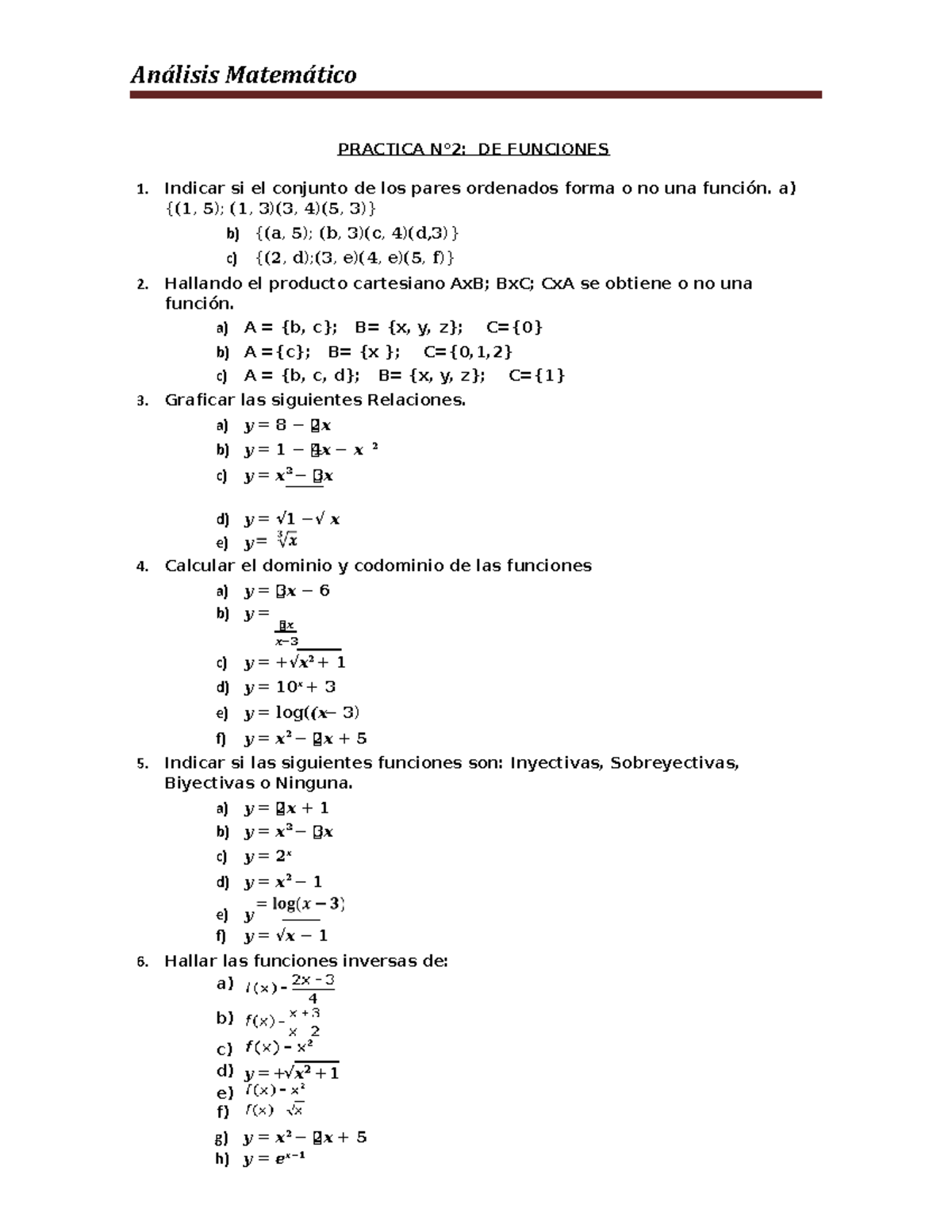 Practica 2 Funciones Completo - Análisis Matemático PRACTICA N°2: DE ...