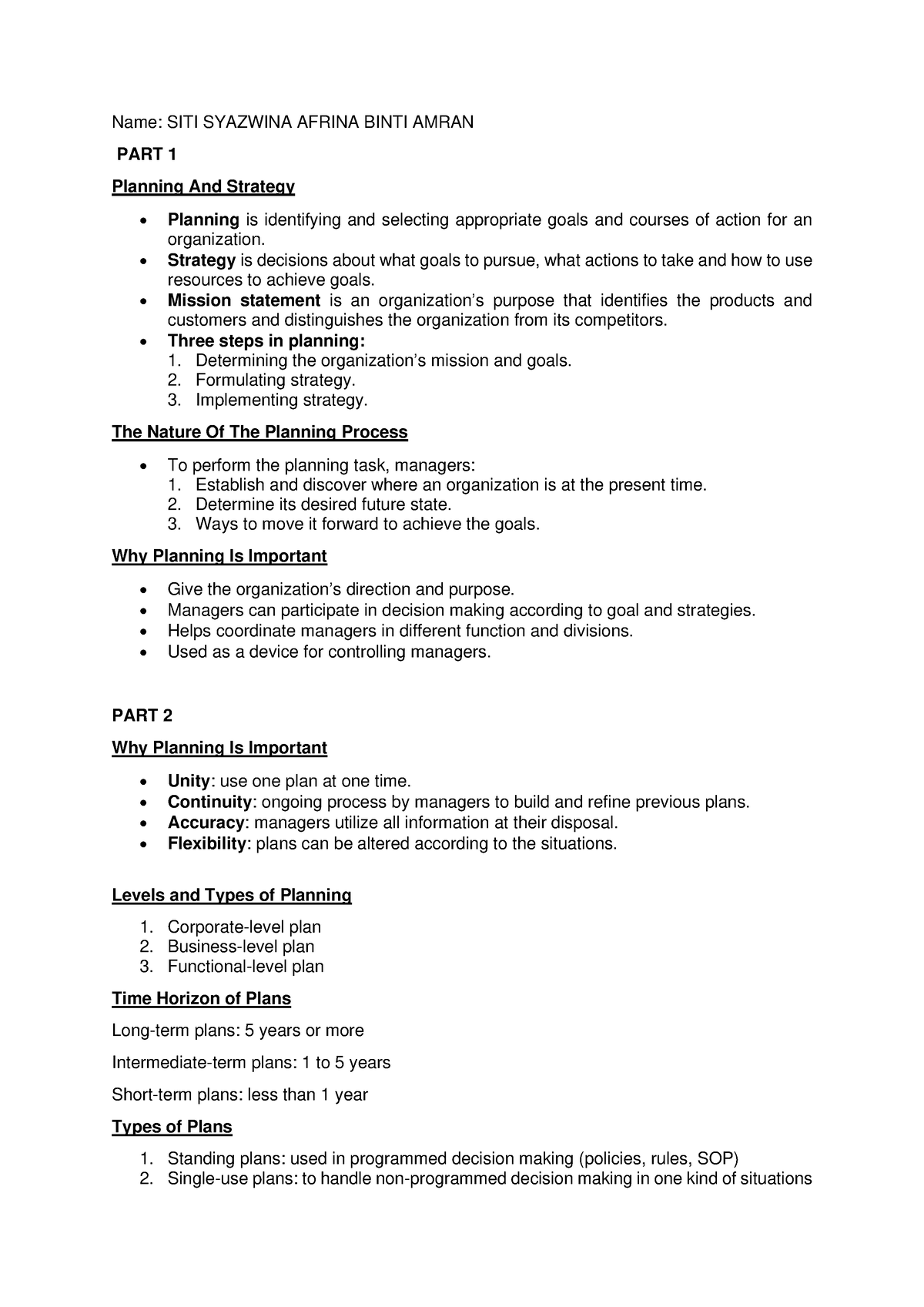 MGT400 Summary - Name: SITI SYAZWINA AFRINA BINTI AMRAN PART 1 Planning ...