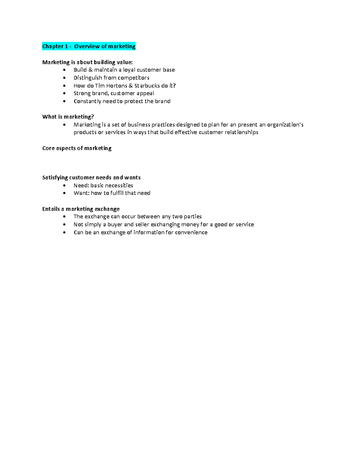 Chapter 1 - Lecture notes - Chapter 1 - Overview of marketing Marketing ...