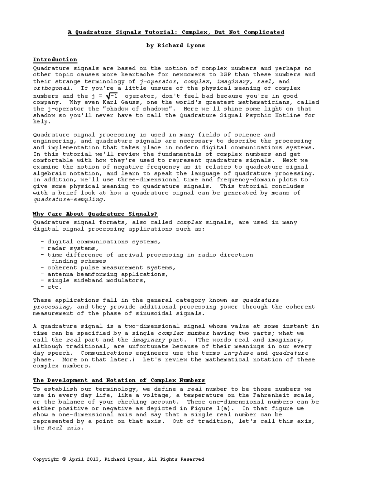 Quad signals tutoriallyons A Quadrature Signals Tutorial Complex