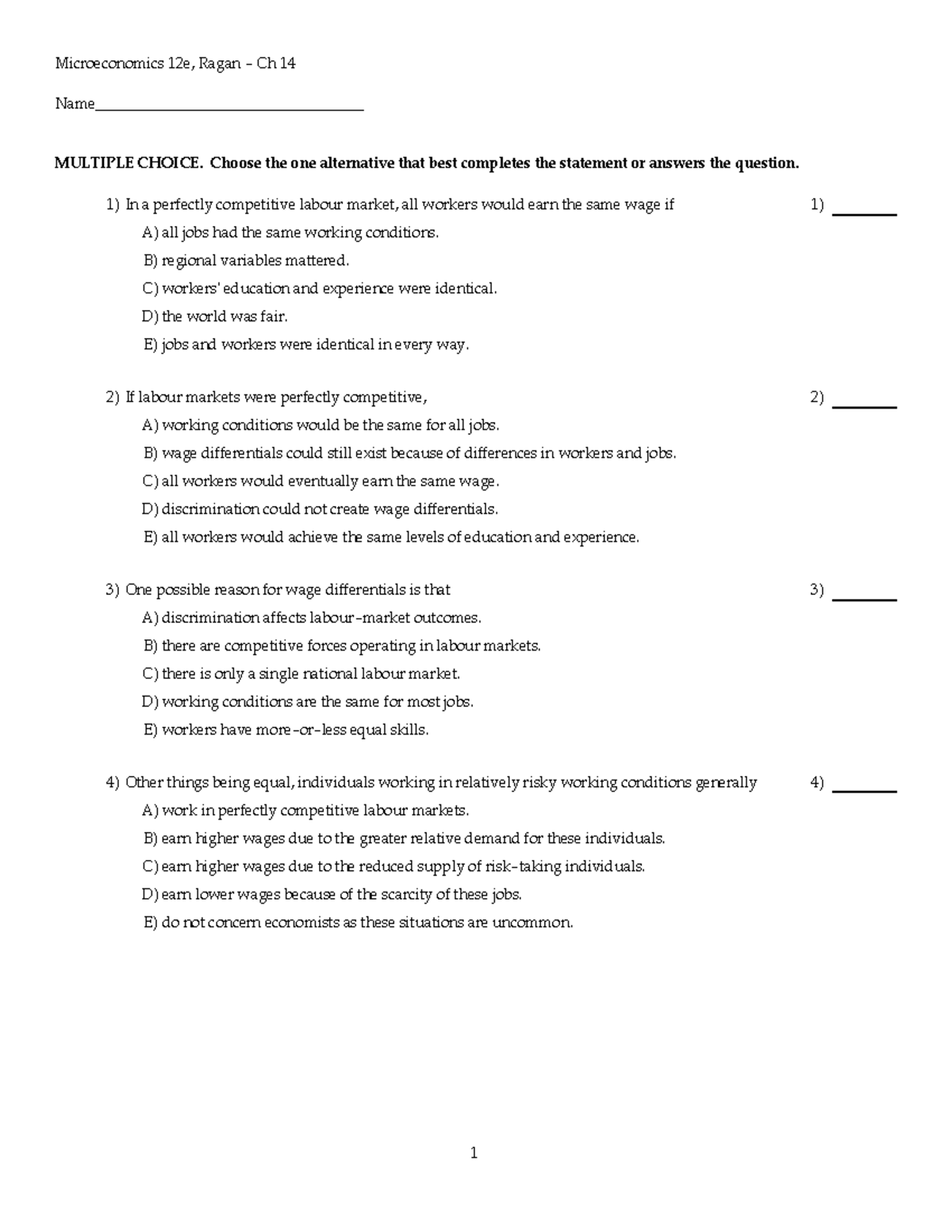 Practise Exam Chapter 14 - Microeconomics 12e, Ragan - Ch 14 Name