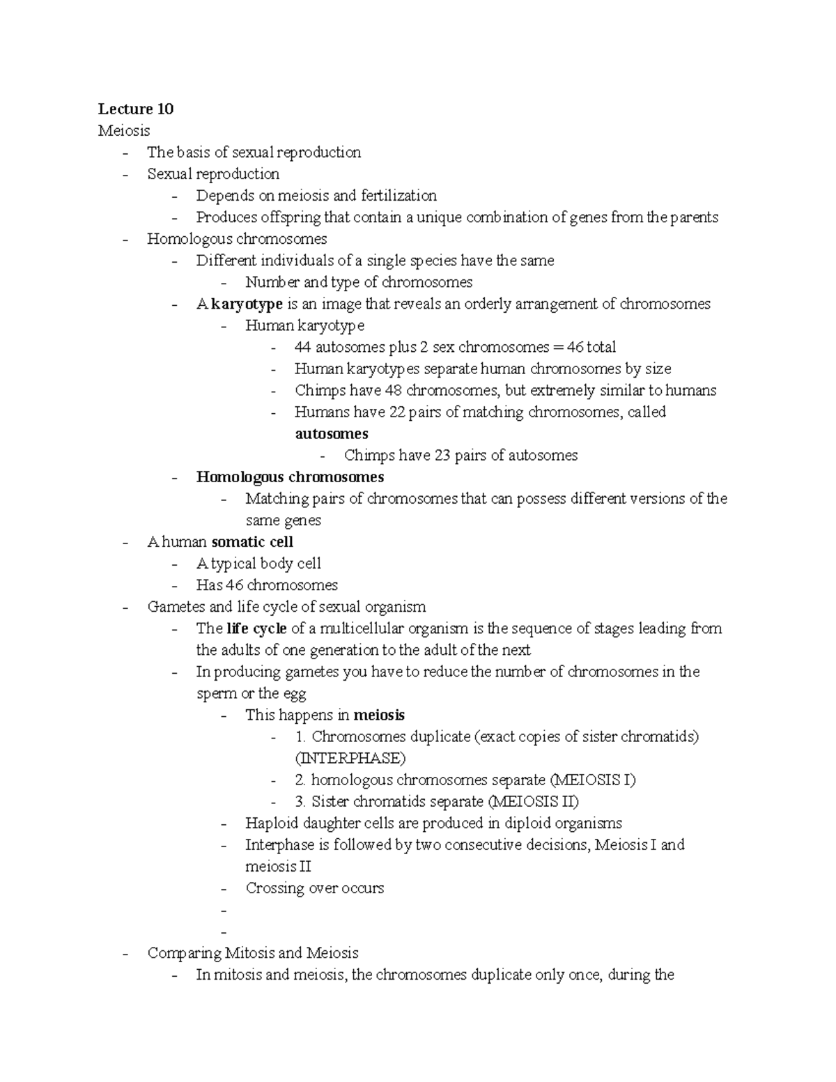 Class Notes for third test - Lecture 10 Meiosis - The basis of sexual ...