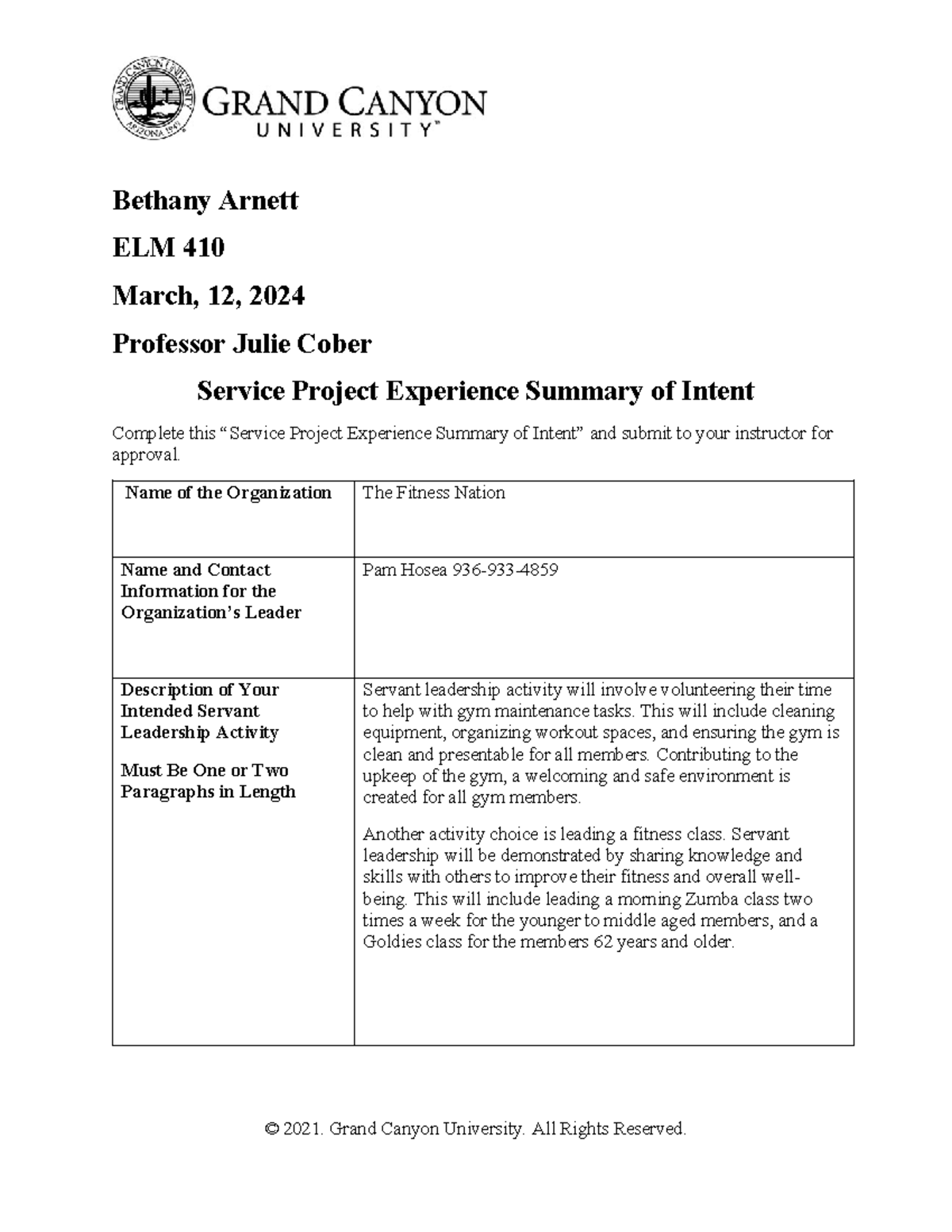 Service Project Experience Summary 1 - Name of the Organization The ...