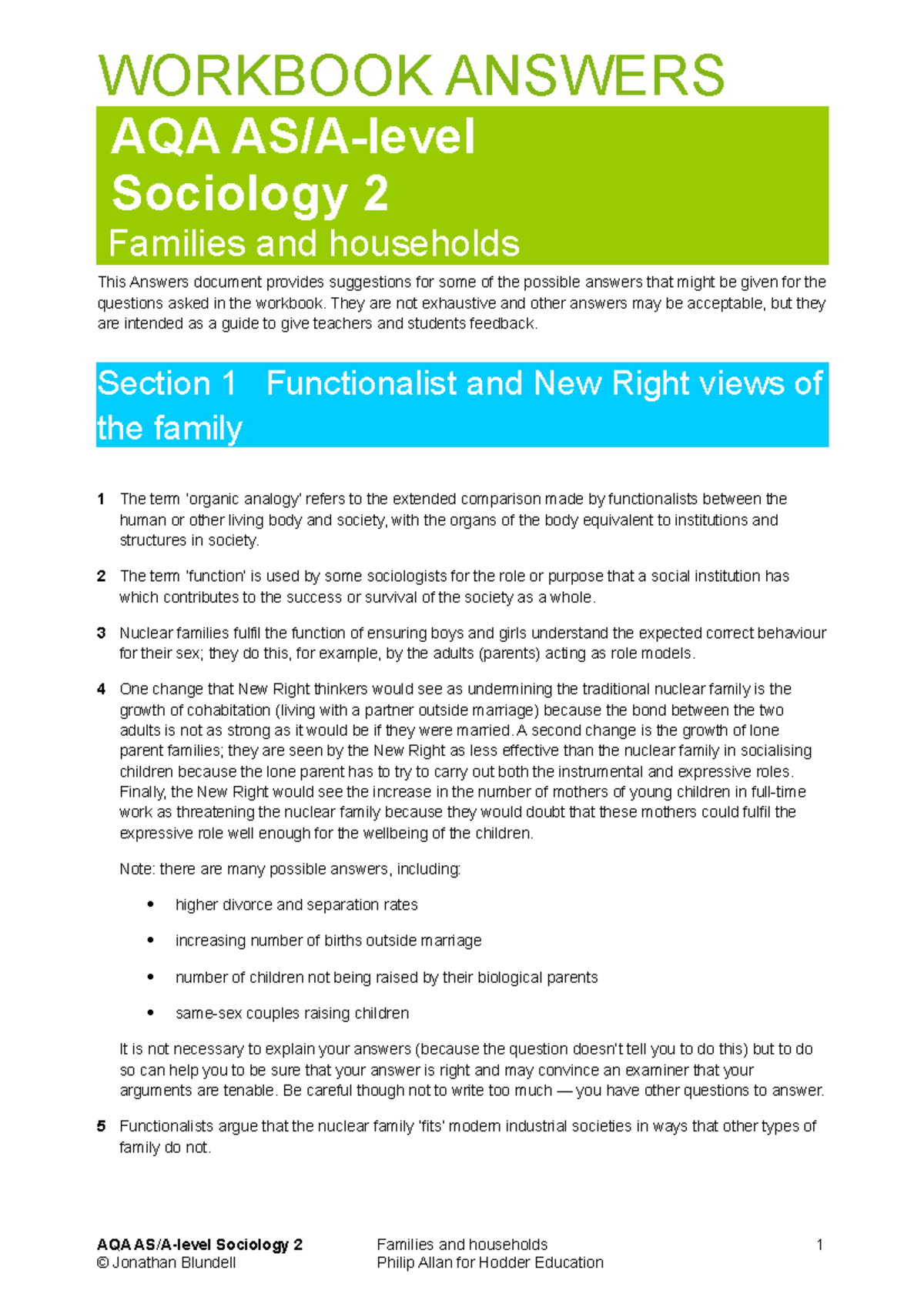 Sociology AQA 2 Families Workbook Answers - WORKBOOK ANSWERS AQA AS/A ...