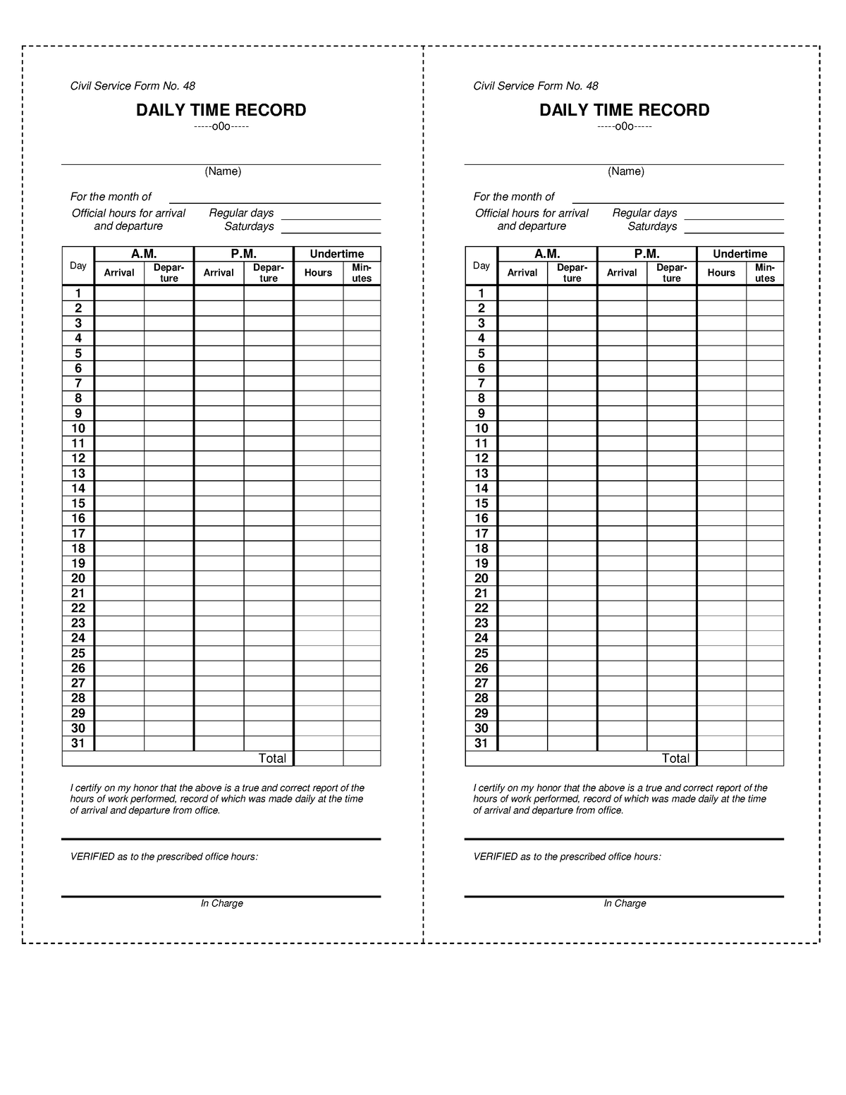 Pdfcoffee - sdfsd - Civil Service Form No. 48 DAILY TIME RECORD -o0o ...