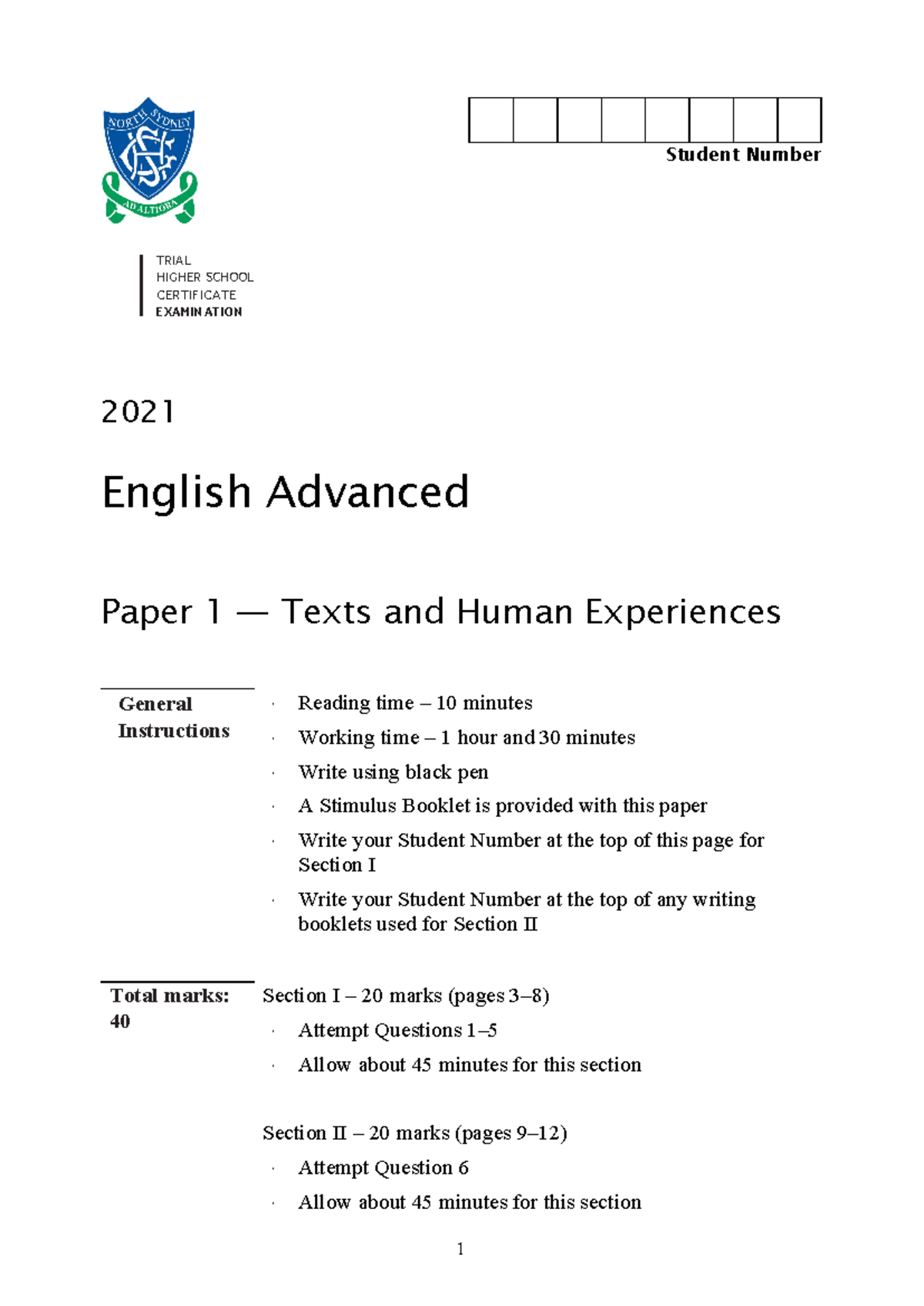 North Sydney Girls 2021 English Trial Paper 1 - Student Number TRIAL