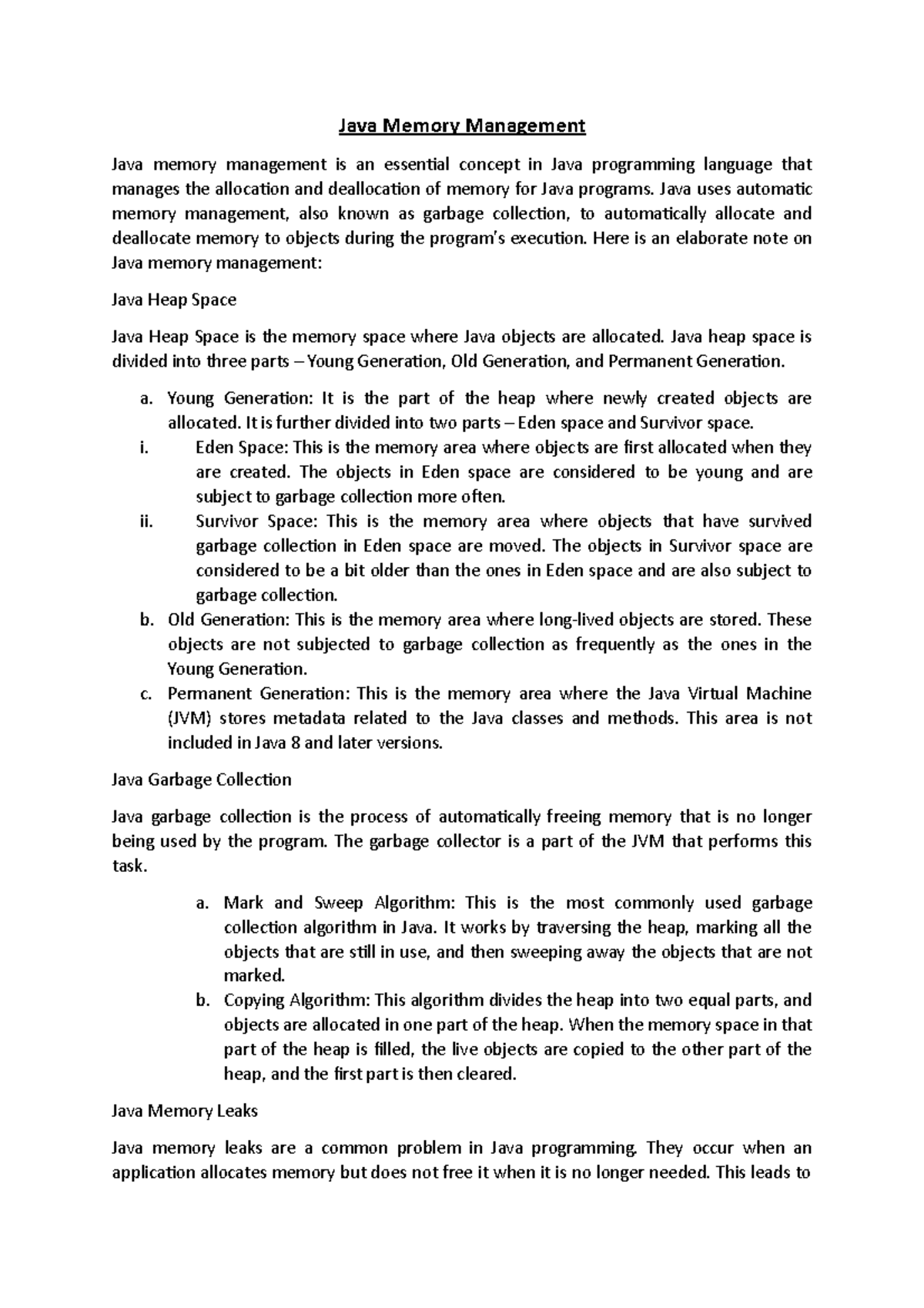 Java Memory Management elaborate note - Java Memory Management Java ...