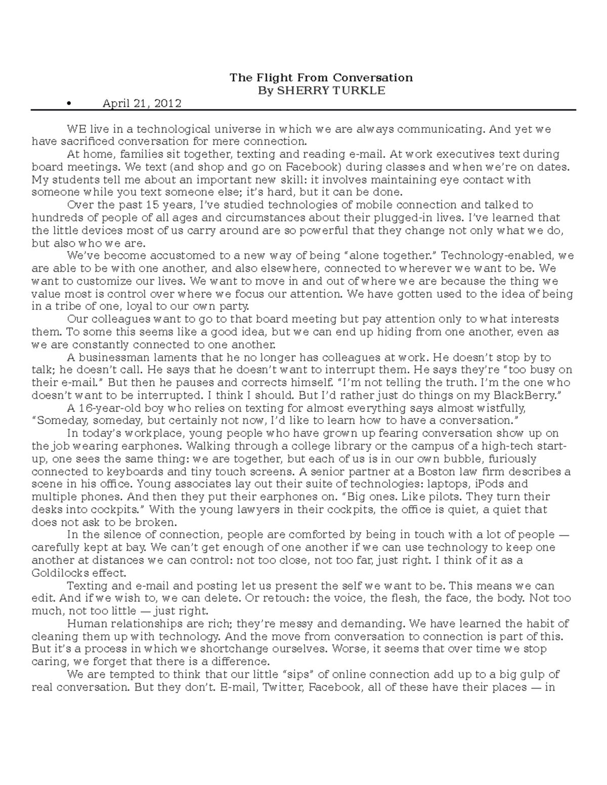 Turkle Class Reading Assignment The Flight From Conversation By