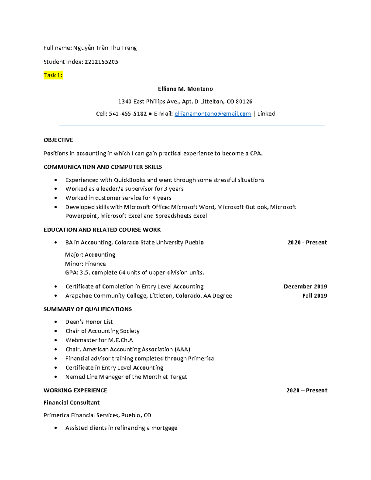 CV and Resume - Full name: Nguyễn Trần Thu Trang Student Index ...