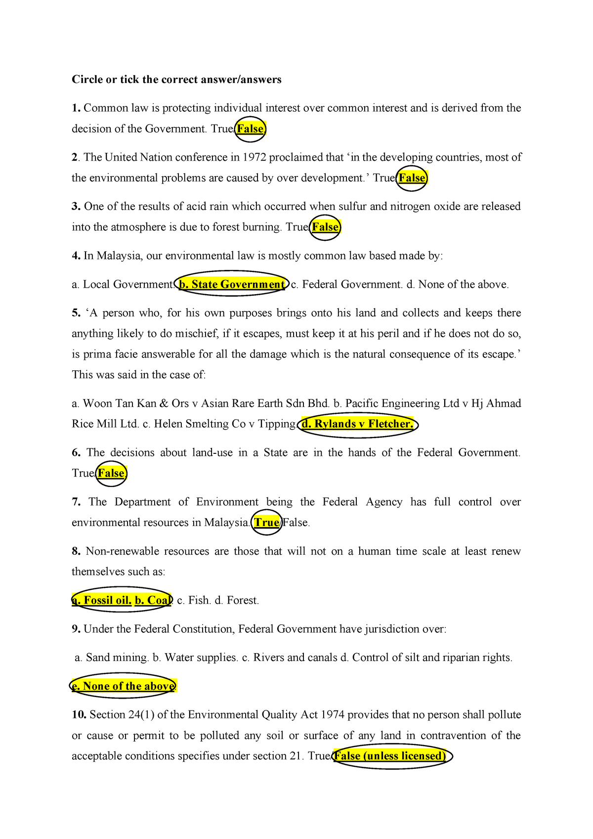 LW573 QUIZ - QUIZ ON ENVIROMENTAL LAW - Circle or tick the correct 