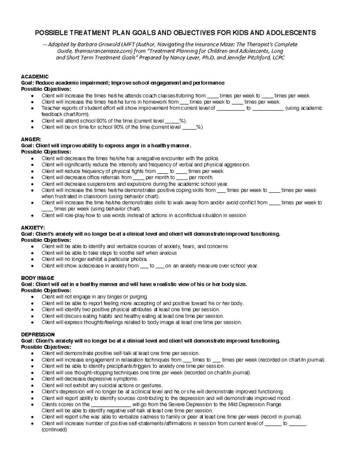 Treatment PLAN Goals KIDS Teens POSSIBLE TREATMENT PLAN GOALS AND