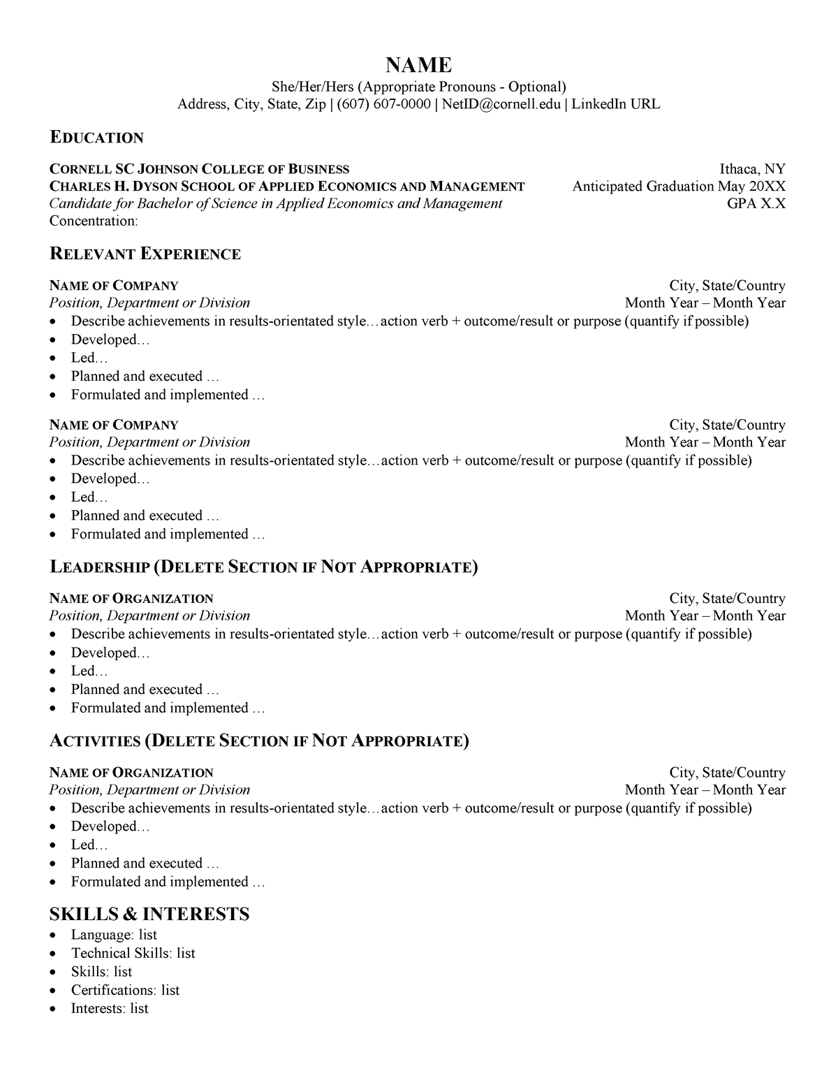 Dyson Resume Template NAME She/Her/Hers (Appropriate Pronouns