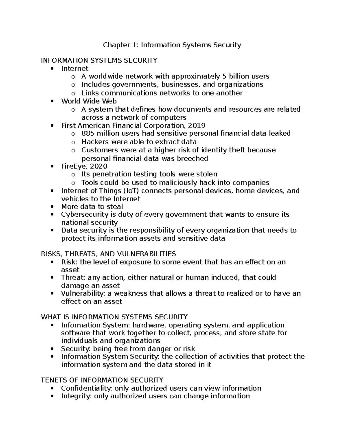 Chapter 1 - Chapter 1: Information Systems Security INFORMATION SYSTEMS ...