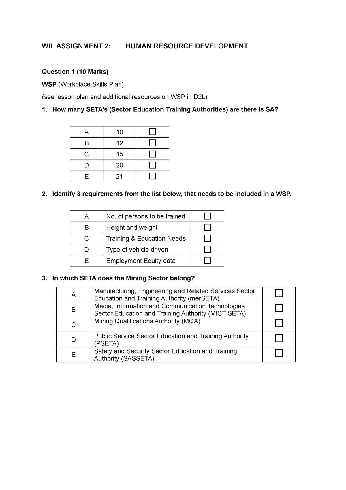 human resource department assignment