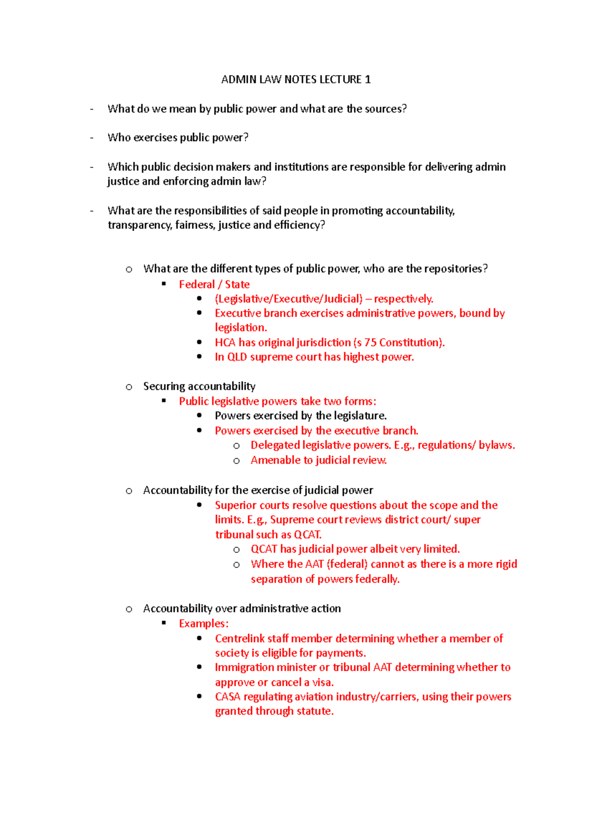 Week 1 Admin LEC - ADMIN LAW NOTES LECTURE 1 What do we mean by public ...
