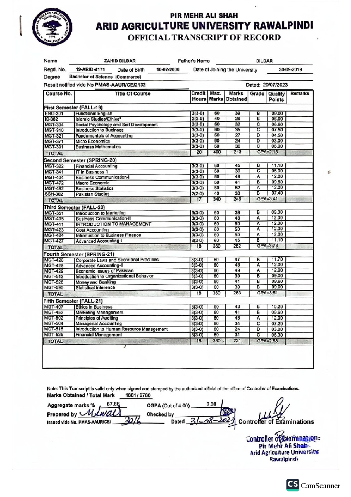 Bs Commerce Transcript - Mobile App - CamScanner - Studocu