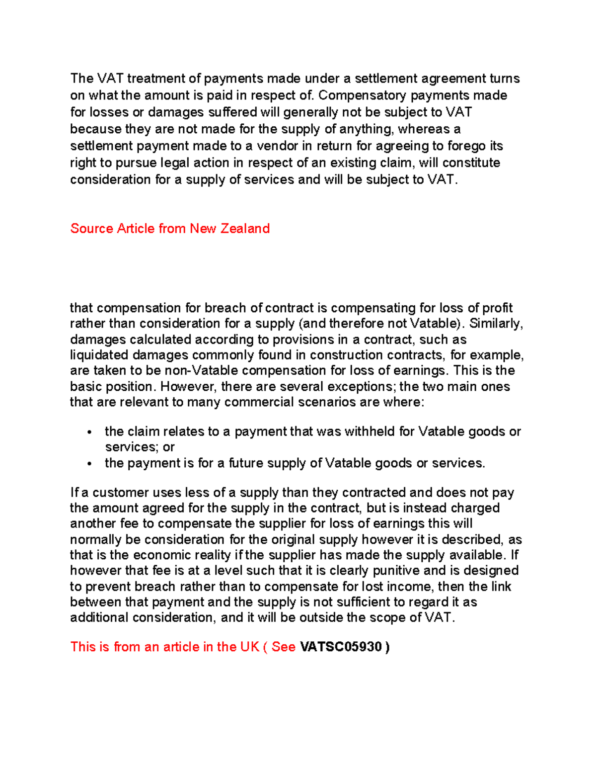 Submissions on Damages The VAT treatment of payments made under a