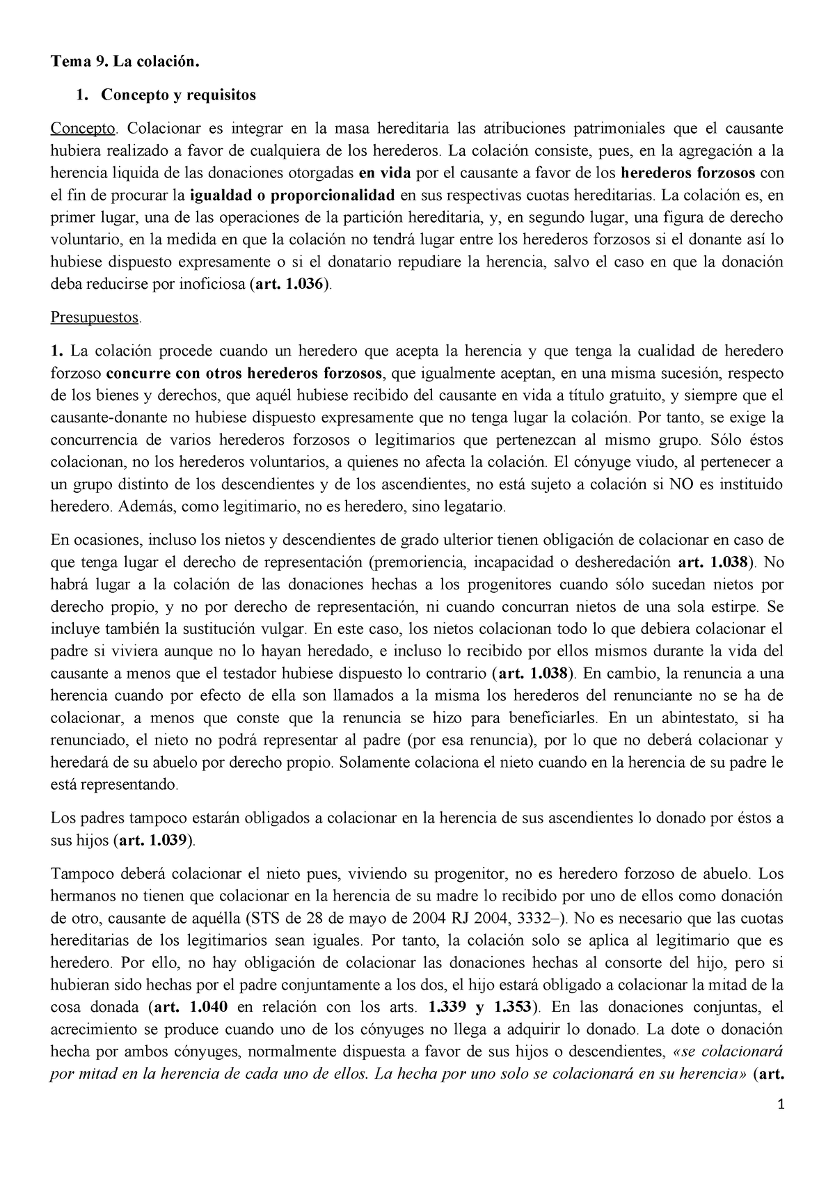 Tema 9 La Colación La Colación Derecho De Sucesiones Tema 9 La Colación 1 Concepto Y 7744