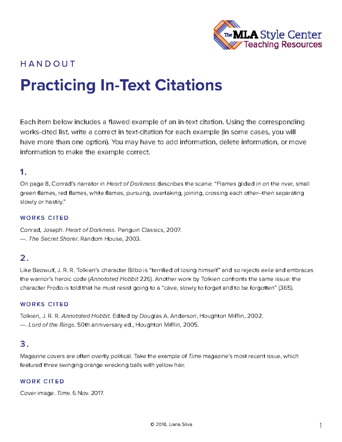 1 Practicing In-text Citations Worksheet - © 2018, Liana Silva 1 ...