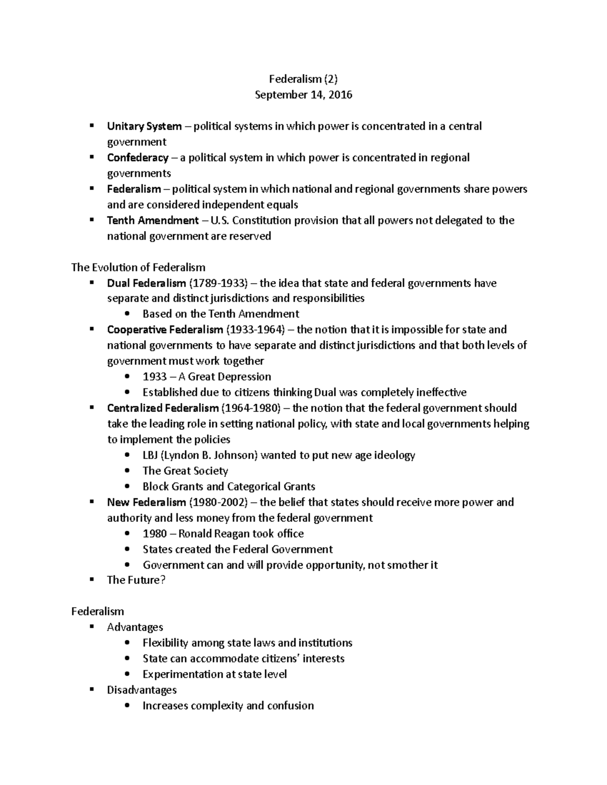 Federalism - Part Two - Federalism (2) September 14, 2016 Unitary ...