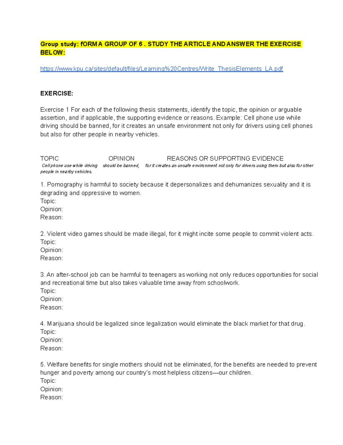 AA1 - EXAMPLE OF THESIS STATEMENT - Group study: fORM A GROUP OF 6 ...