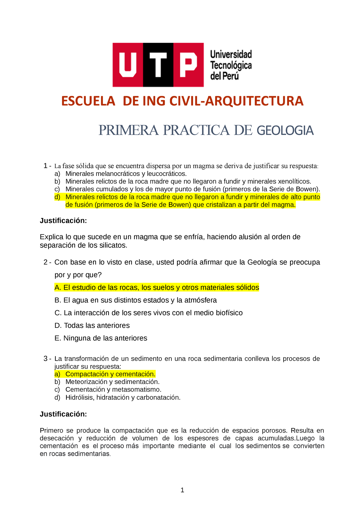 PC1 Geologia - Practica Calificada 1 - PRIMERA PRACTICA DE GEOLOGIA 1 ...