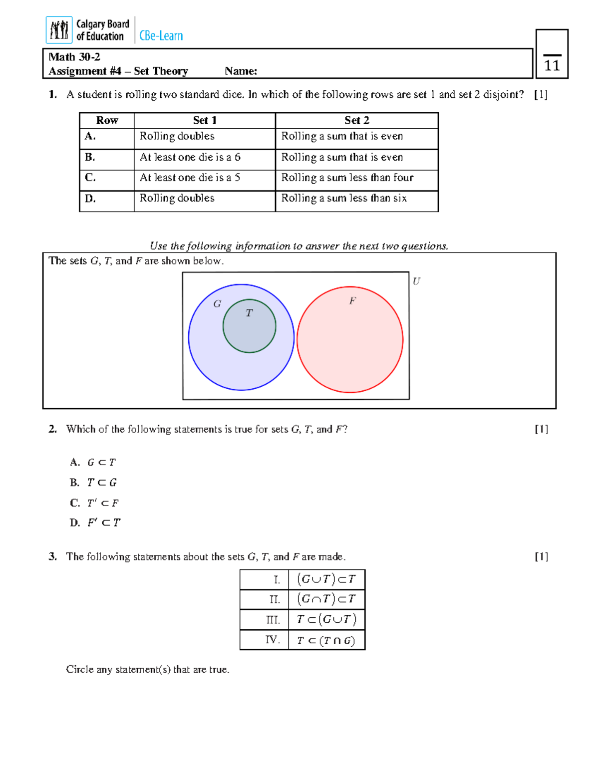 Summer Assignment #4 - Set Theory - Math 30- Assignment #4 – Set Theory ...