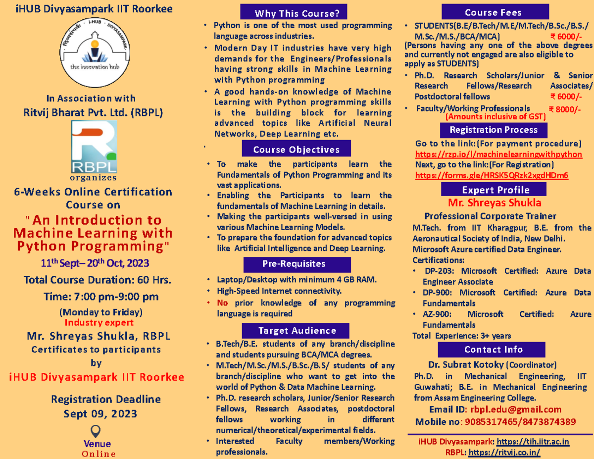 Course Flyer weekwise overview and sample certificate together for the ...