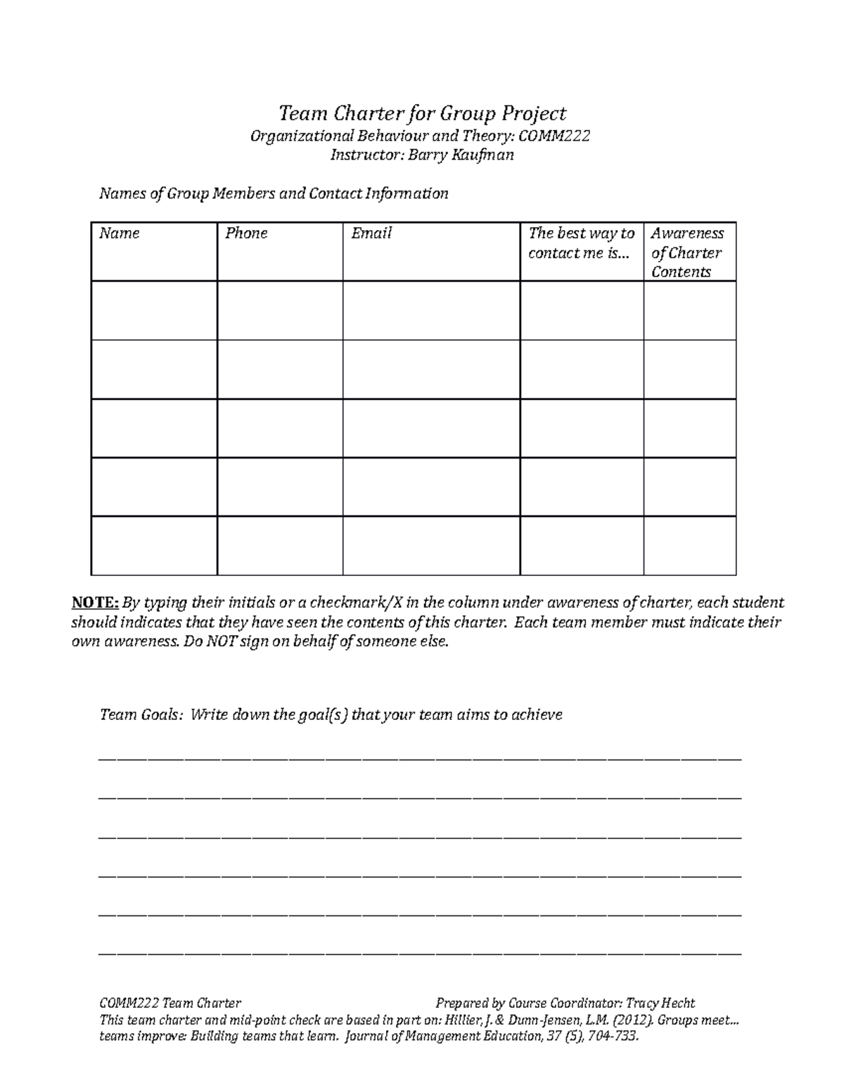 COMM 222 Team Charter - team project - Team Charter for Group Project ...