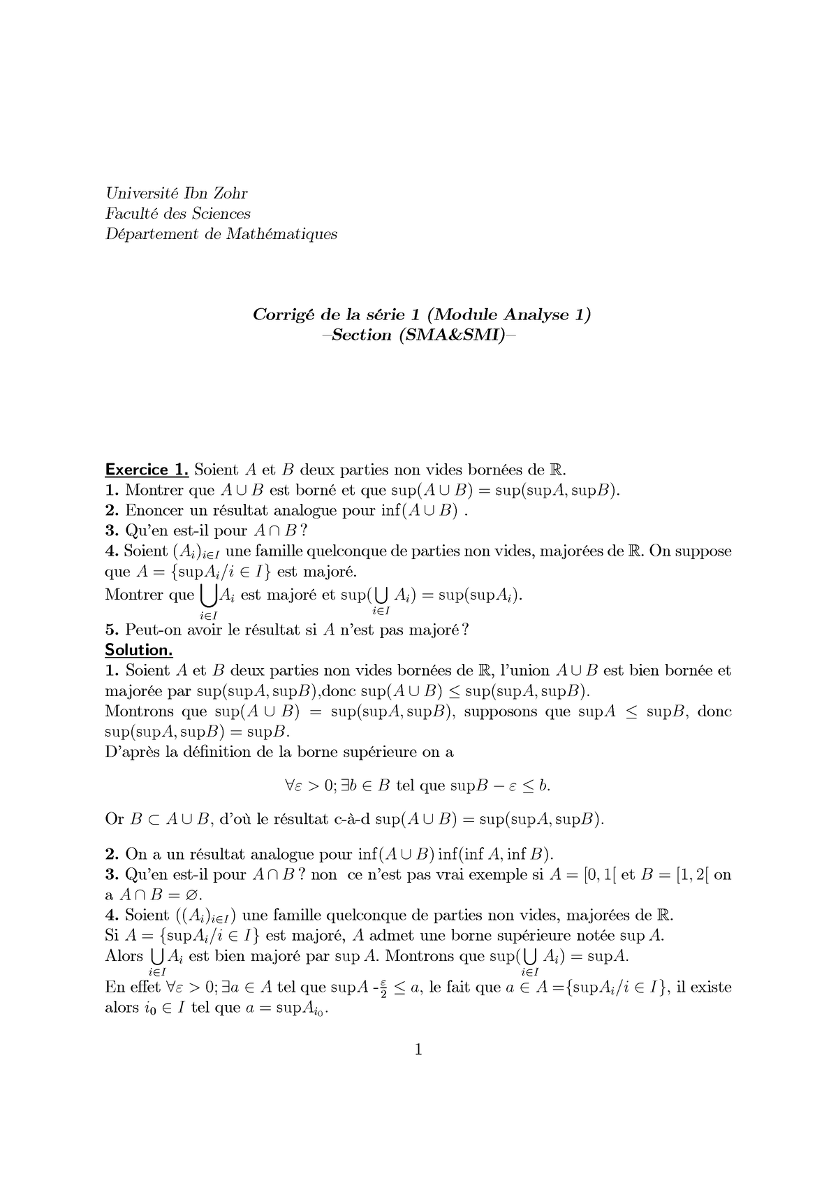 TD SM1 Analyse 1 Corrigé - UniversitÈ Ibn Zohr AnnÈe Universitaire 2020 ...