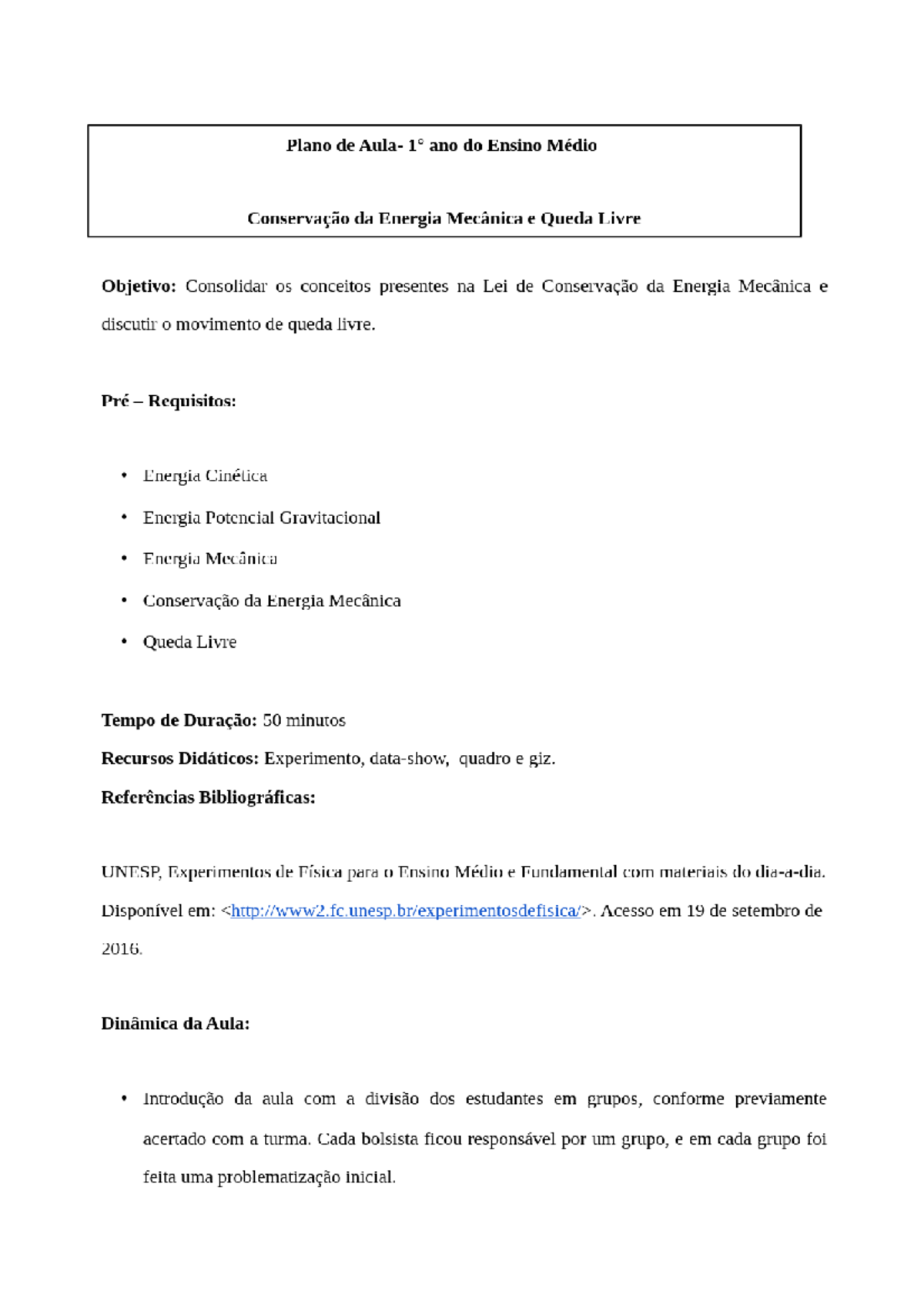 [PDF] Plano de Aula- 1 ano do Ensino Médio. Conservação da Energia ...