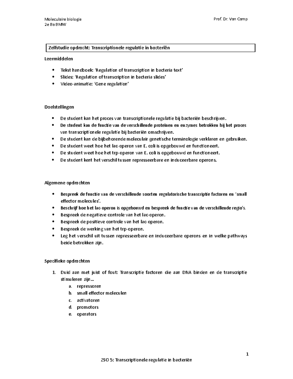 ZSO5 Transcriptionele Regulatie In Bacterien 2019-2020 - Moleculaire ...