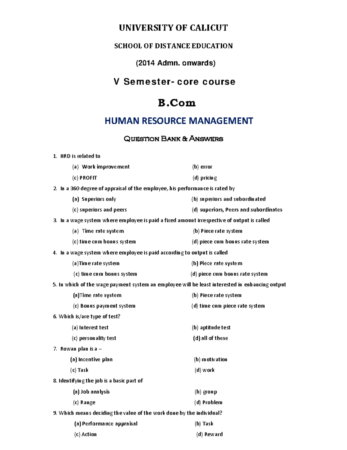 V Semester core course HUMAN RESOURCE MANAGEMENT UNIVERSITY OF