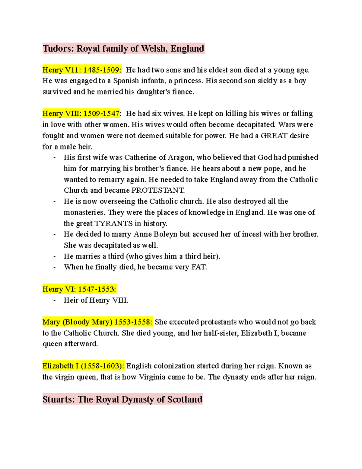 HIST 151 Week 2 Notes - Tudors: Royal family of Welsh, England Henry ...