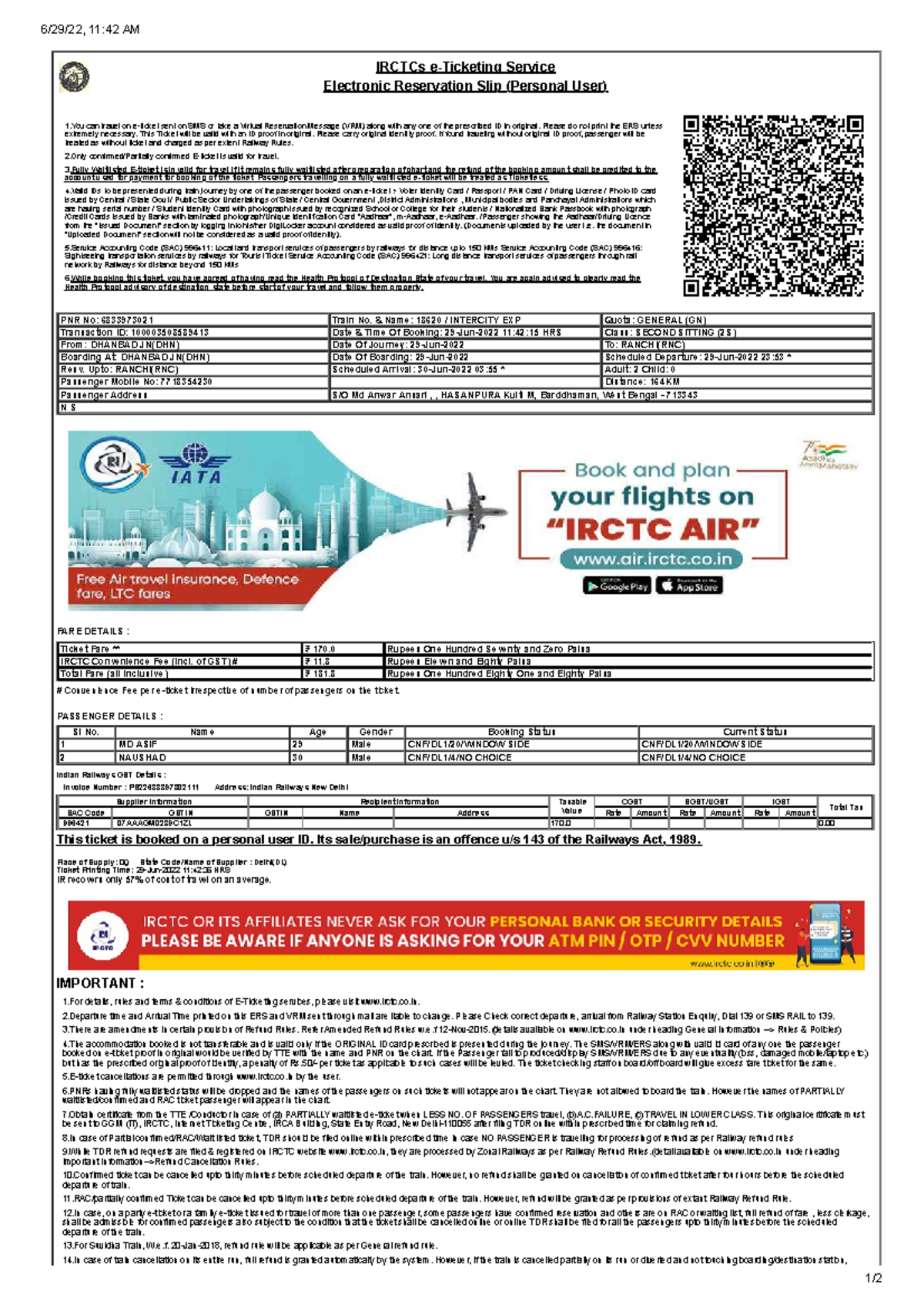ASIF Ranchi Ticket SDDDDDDDDDDDDD 6 29 22 11 42 AM 1 IRCTCs E