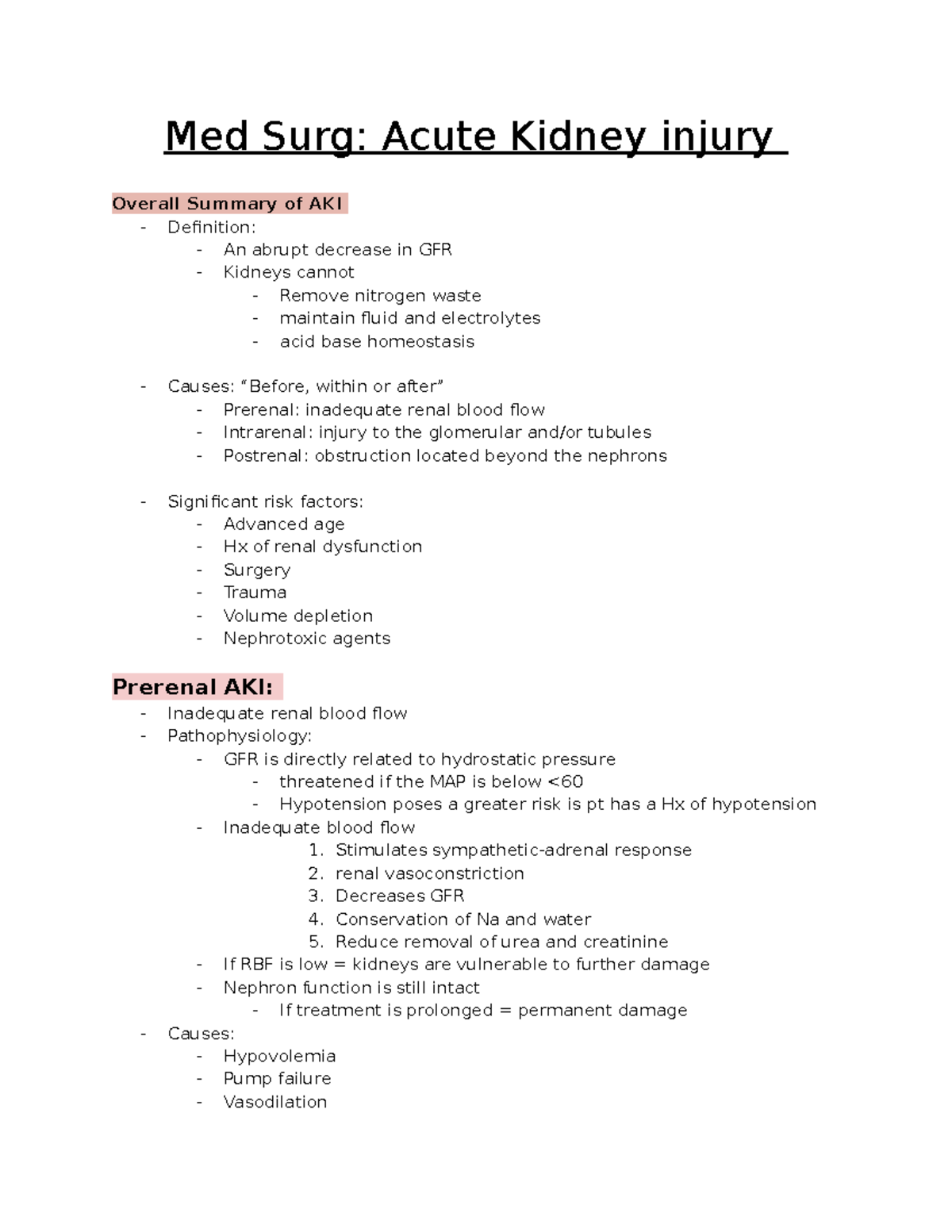 AKI Notes - Med Surg: Acute Kidney Injury Overall Summary Of AKI ...