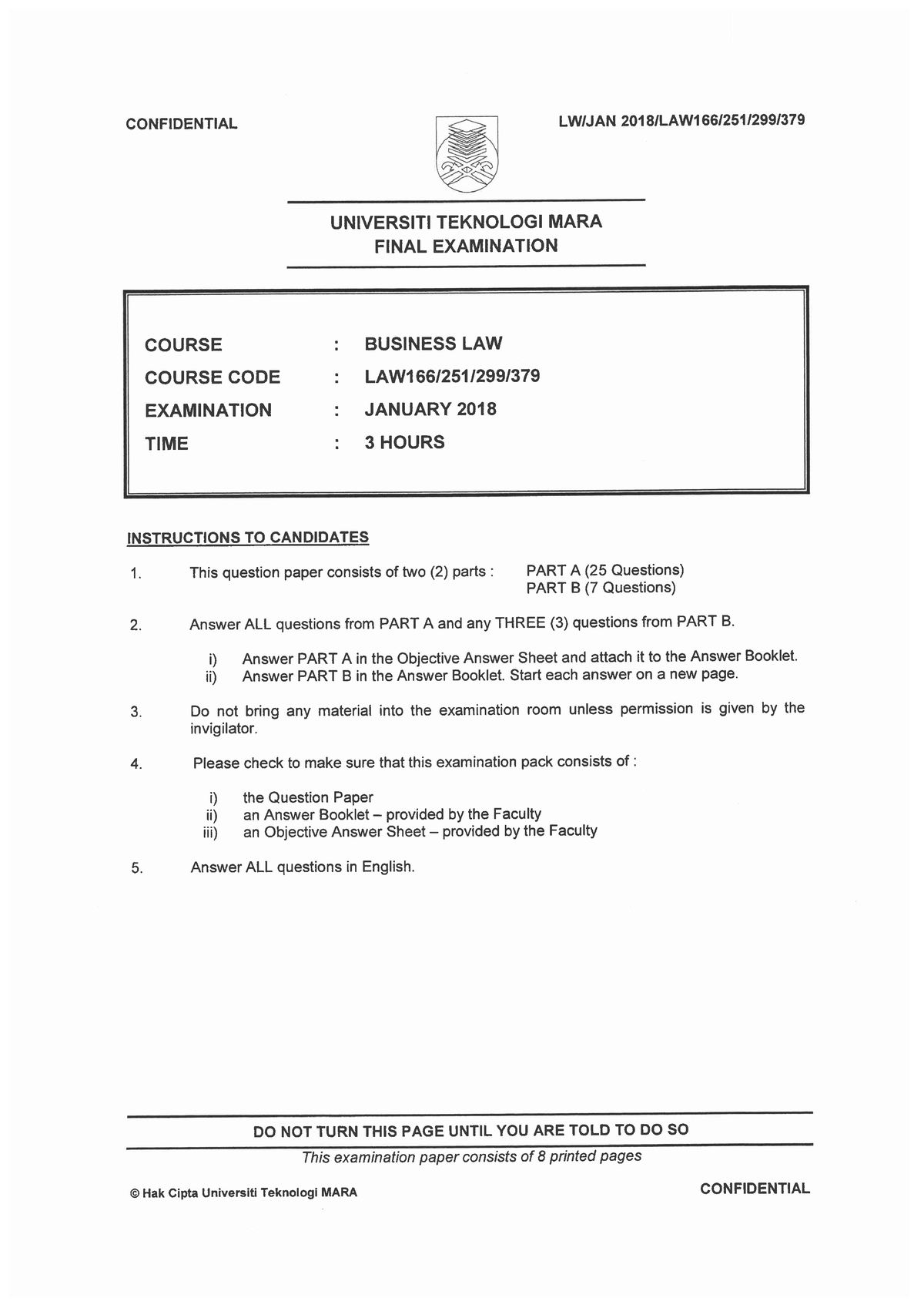 LAW299 MCQ January 2018 - Business Law - Studocu